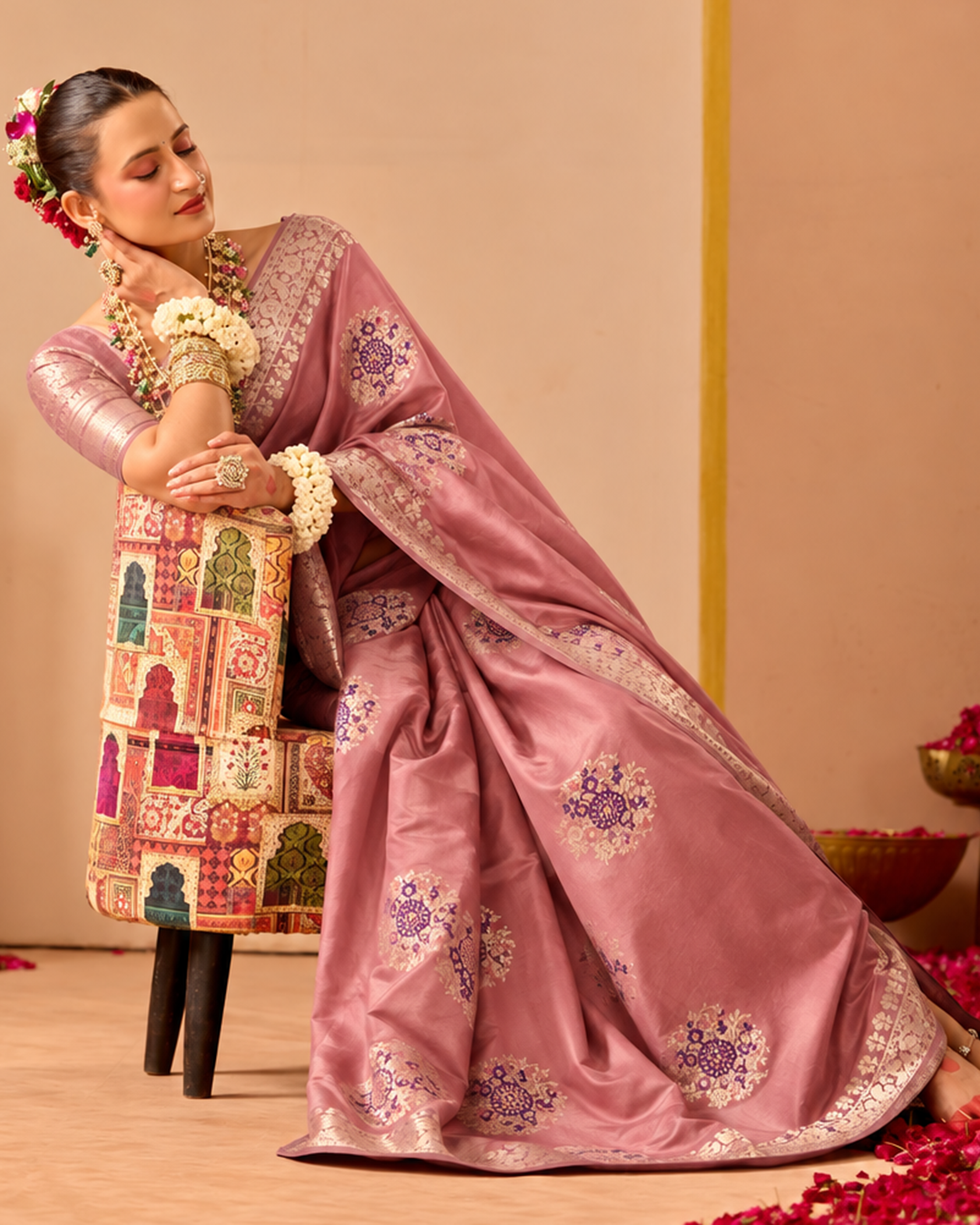 Dusty Rose Pure Banarasi Saree with Floral Meena Weaves