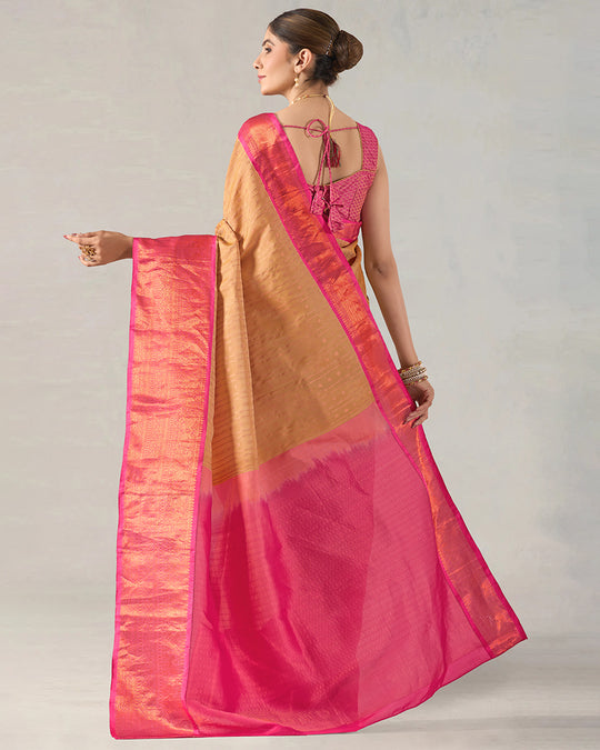 Sandal Pure Kanjivaram Silk Saree with Pink-Touched Zari Border Elegance