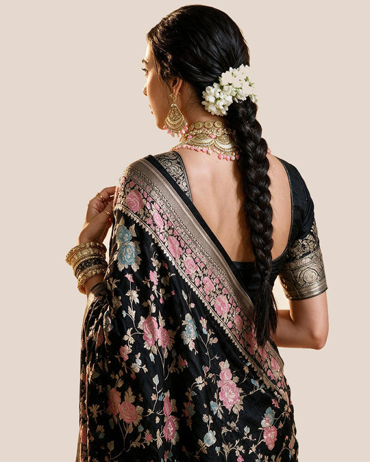Black Pure Katan Saree with Legacy Meenakari Floral Craftsmanship
