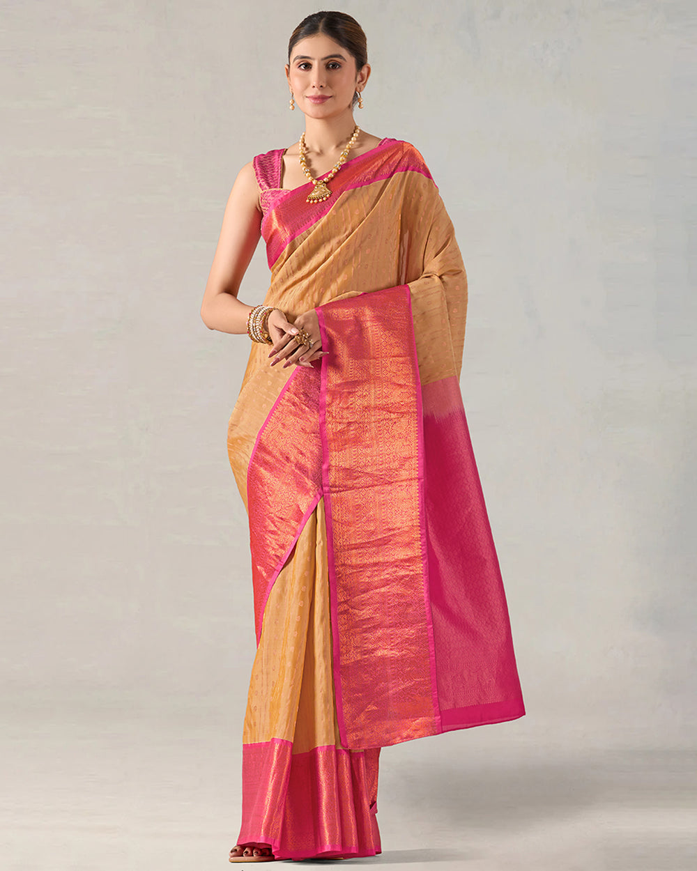 Sandal Pure Kanjivaram Silk Saree with Pink-Touched Zari Border Elegance