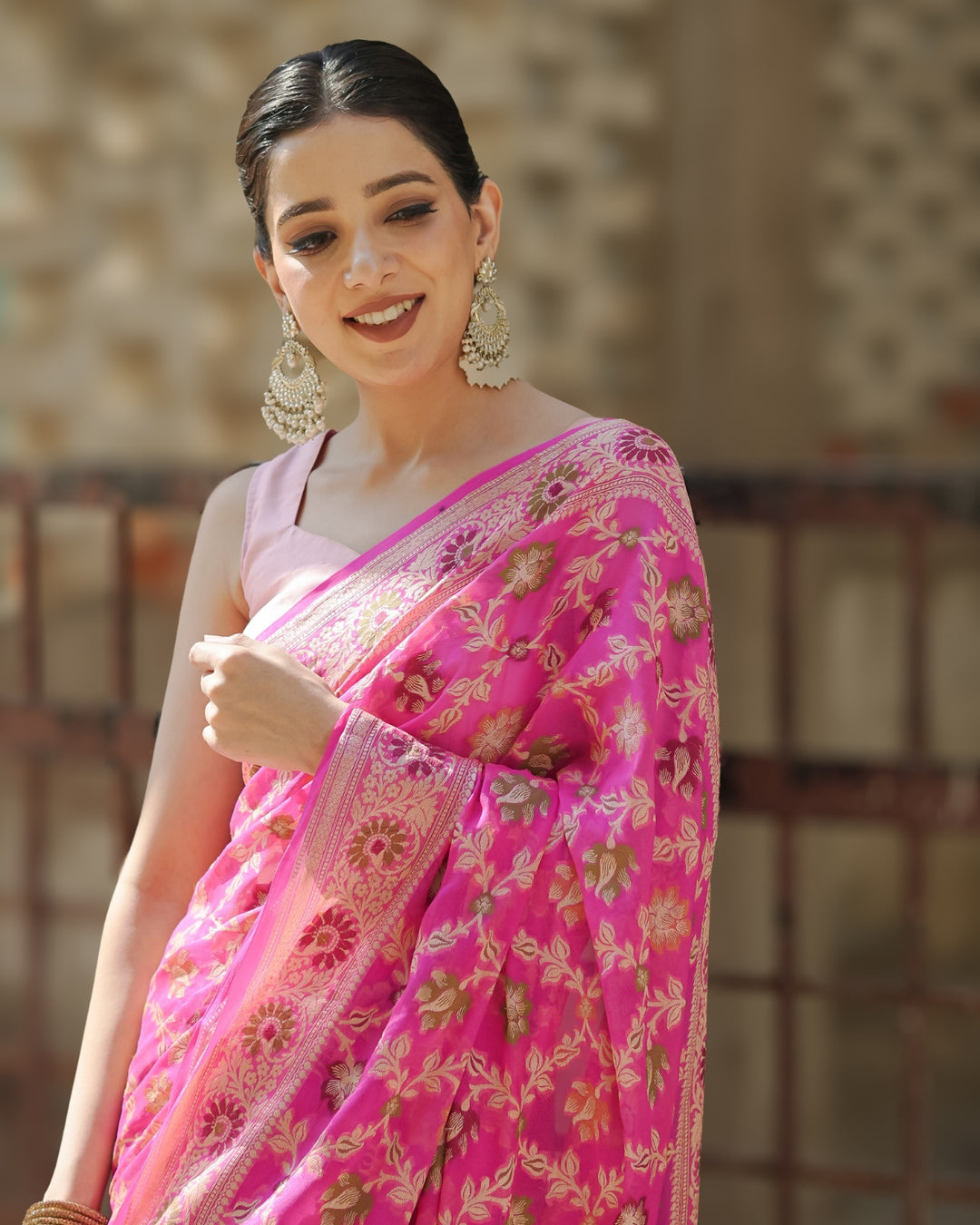 Eternal Pink Ocean Tones Pure Chiffon Saree with Opulent Floral Embellishments