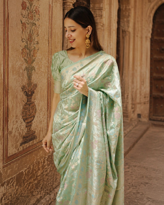 Light Green Pure Banarasi Saree with Multicolour Floral Meenakari Weaving