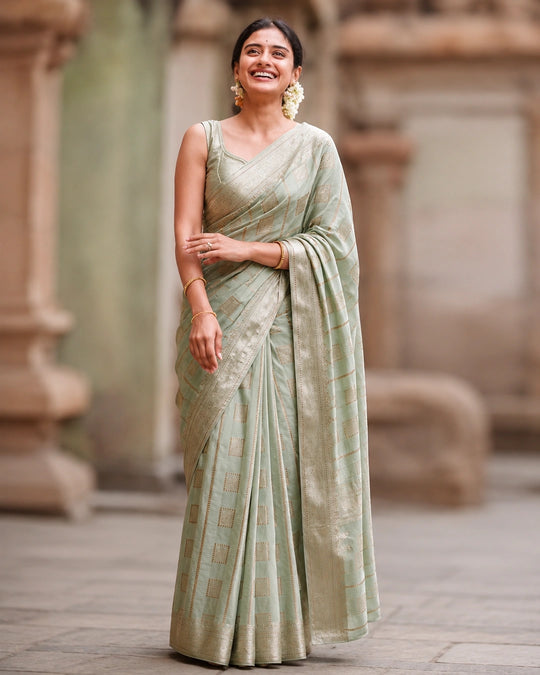 Pastel Green Pure Banarasi Saree with Checkered Weaves