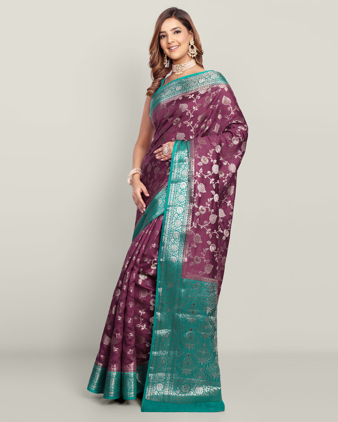 Wine & Green Handwoven Jaal Banarasi Silk Saree