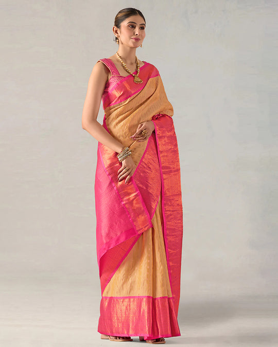 Sandal Pure Kanjivaram Silk Saree with Pink-Touched Zari Border Elegance