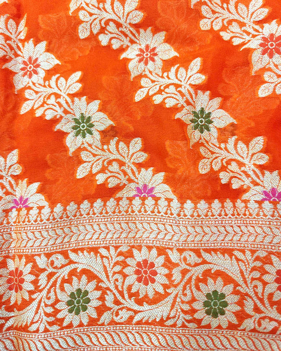 Orange Pure Chiffon Saree with Floral Meenakari Jaal Weaving