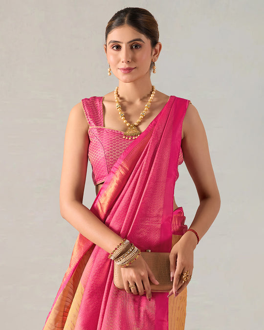 Sandal Pure Kanjivaram Silk Saree with Pink-Touched Zari Border Elegance