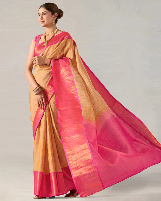 Sandal Pure Kanjivaram Silk Saree with Pink-Touched Zari Border Elegance