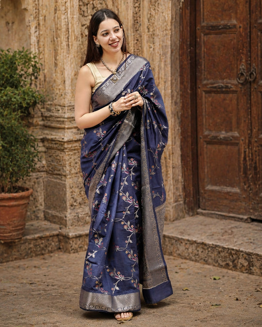 Blue Pure Banarasi Saree with Floral Meenakari Zari Weaving