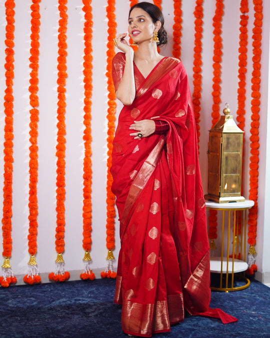 Cherry Red Handwoven Banarasi Chiniya Silk Saree