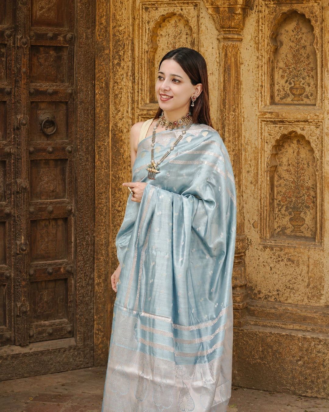 Greyish Ice Blue Pure Banarasi Saree with Delicate Zari Motifs Weaves