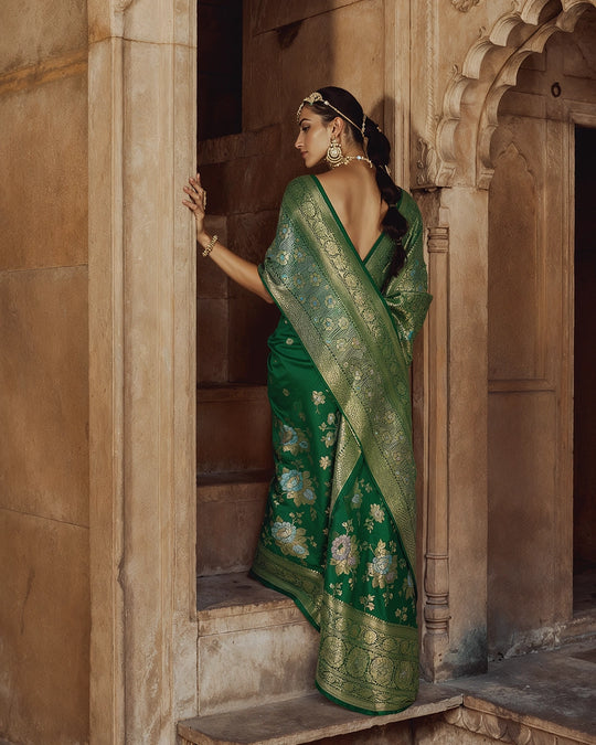 Green Pure Banarasi Saree with Pastel Floral Meenakari Weaving