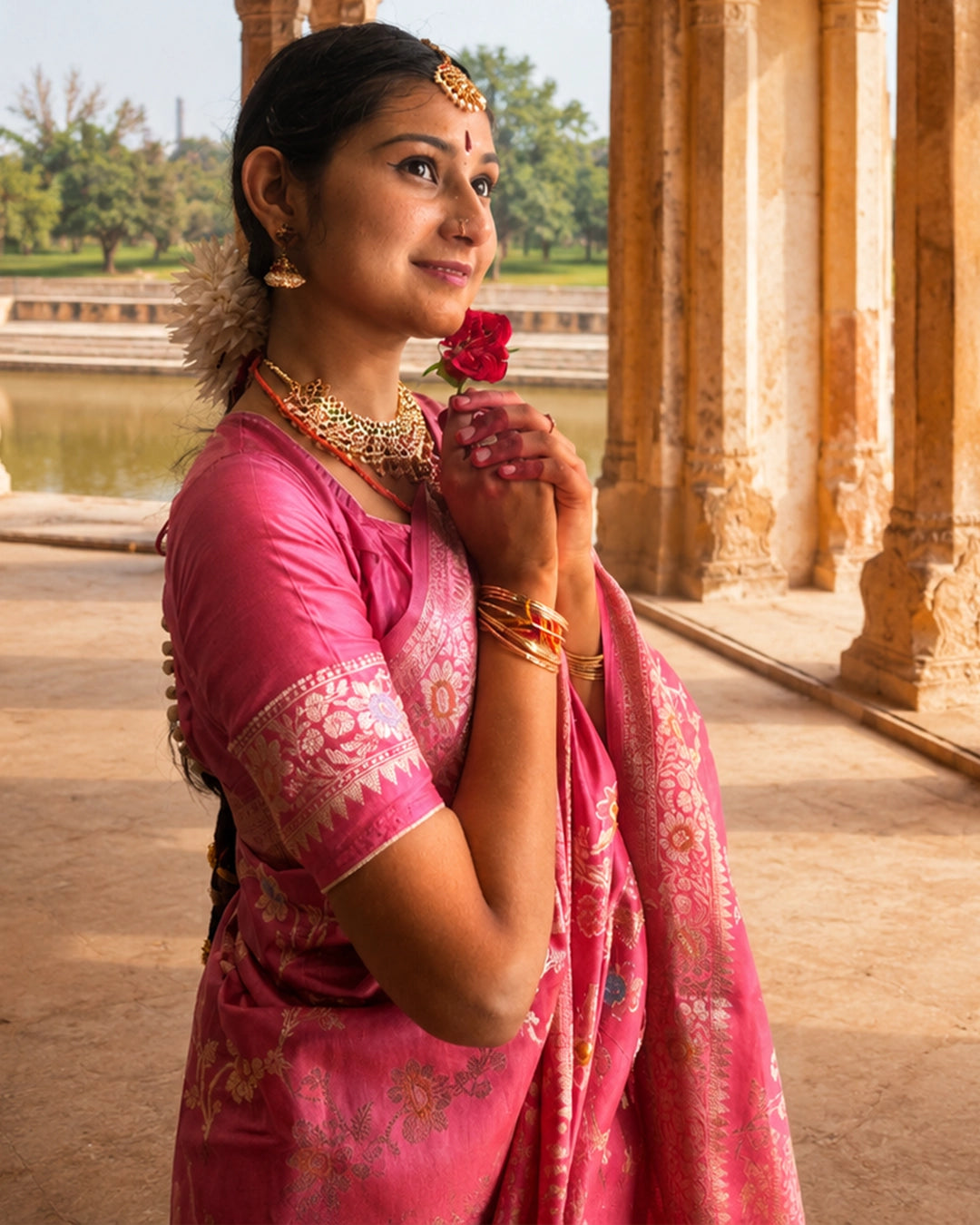Pink Pure Banarasi Saree with Floral Meenakari Trail Weaves