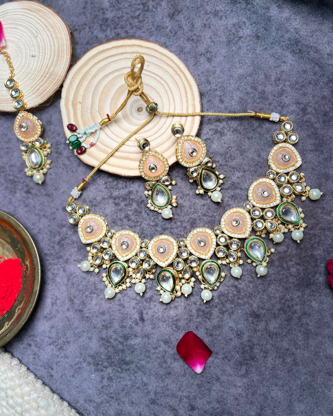 Gold Plated Peach Kundan Necklace Jewelry Set