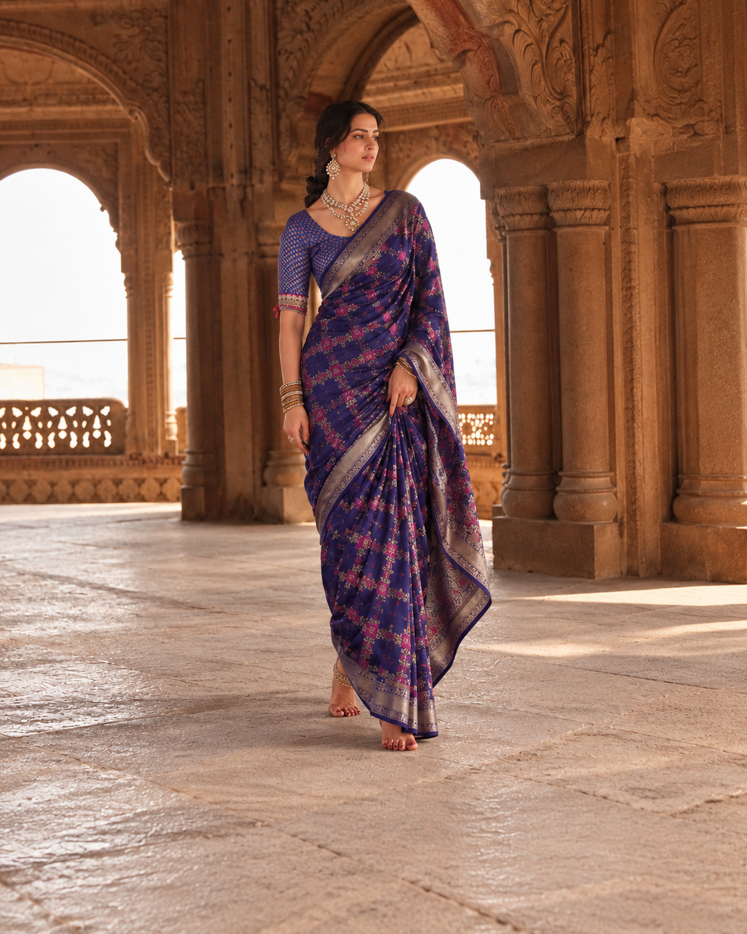 Deep Blue Pure Banarasi Saree with Diamond Floral Jaal Weaves