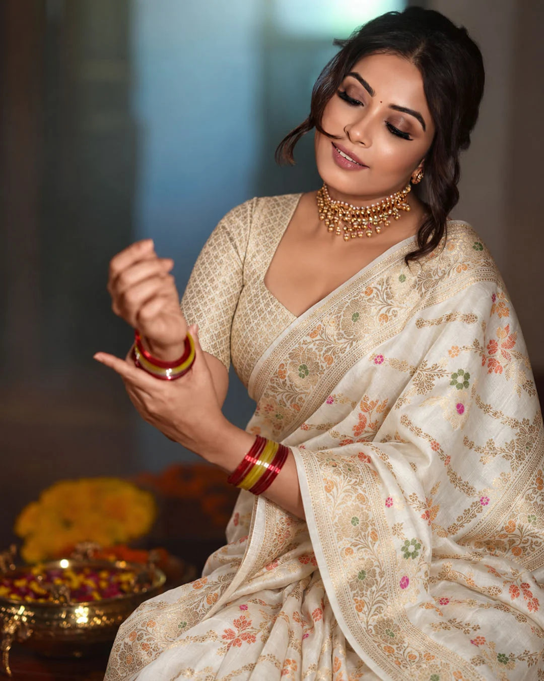 Cream Pure Banarasi Saree with Multicolour Floral Butidar Weaves