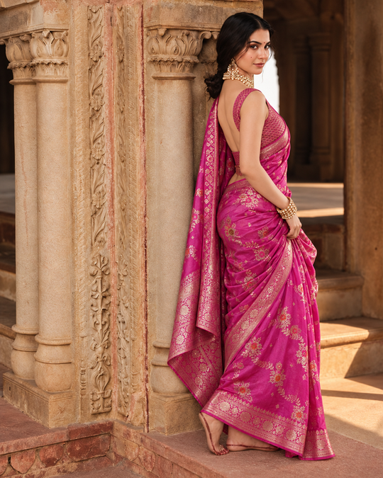 Rani Pink Pure Banarasi Saree with Floral Butidar Weaves