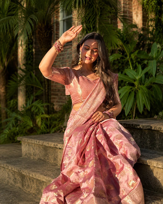 Dusty Lilac Pure Banarasi Saree with Regal Floral Jaal Weaves