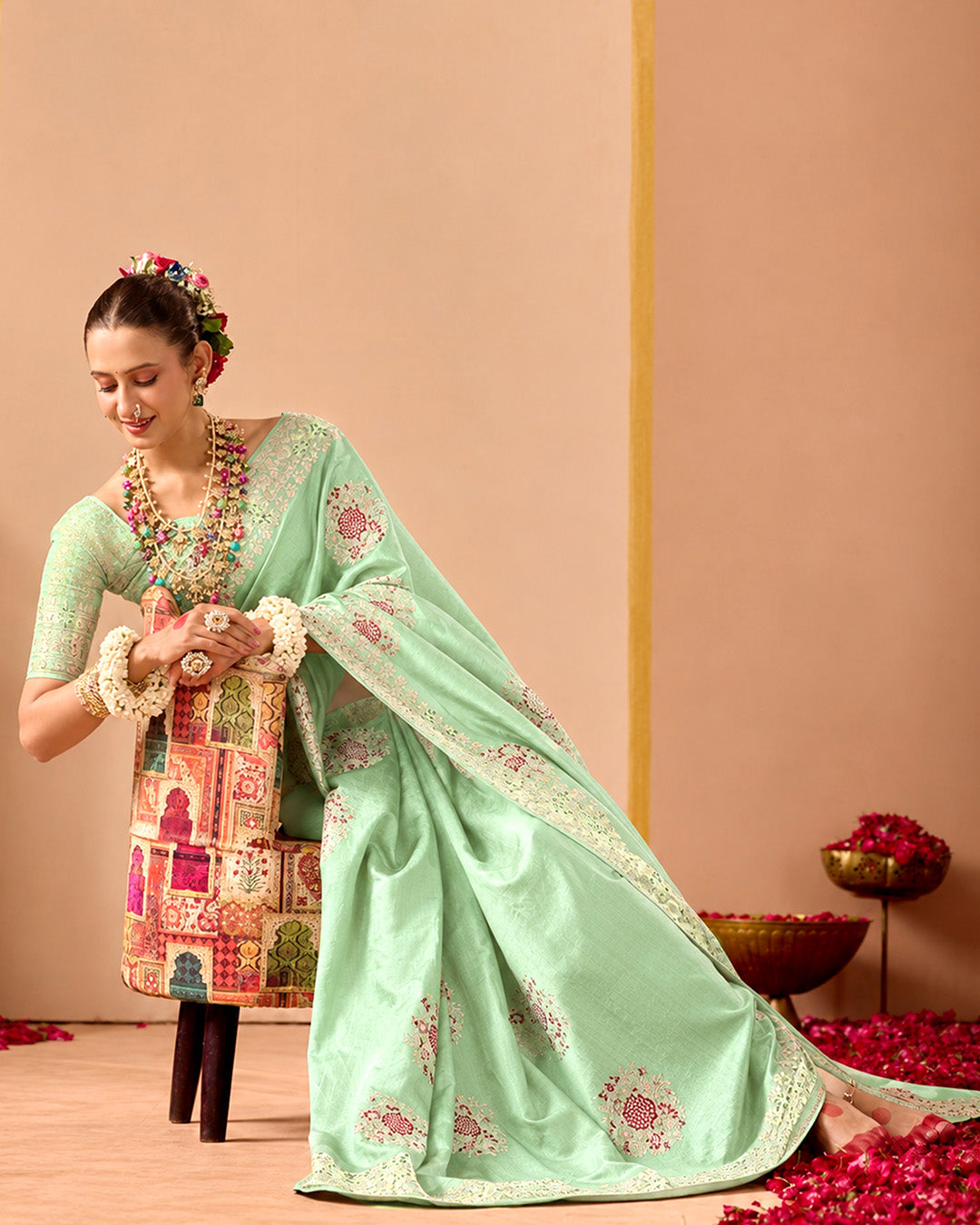 Celadon Pure Banarasi Silk Saree with Graceful Meenakari Floral Weaving