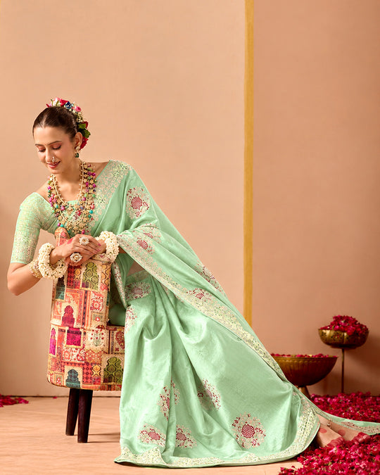 Celadon Pure Banarasi Silk Saree with Graceful Meenakari Floral Weaving