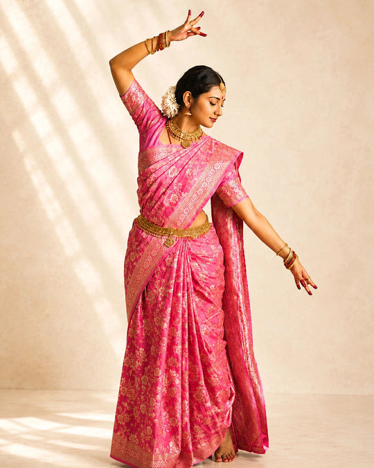 Pink Pure Banarasi Saree with Floral Meenakari Trail Weaves