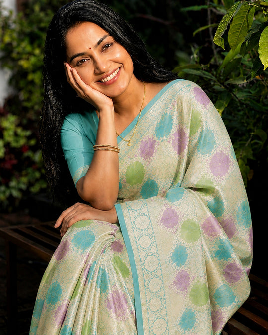 Aqua Turquoise Pure Katan Saree with Multicolour Rangkat Floral Jaal Weaving
