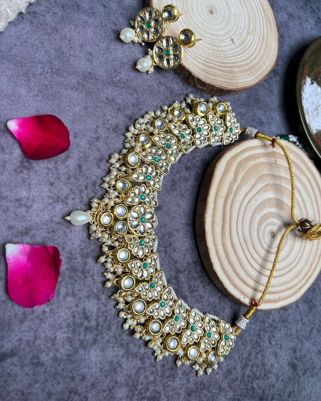 Gold Finish Kundan Polki Necklace Set