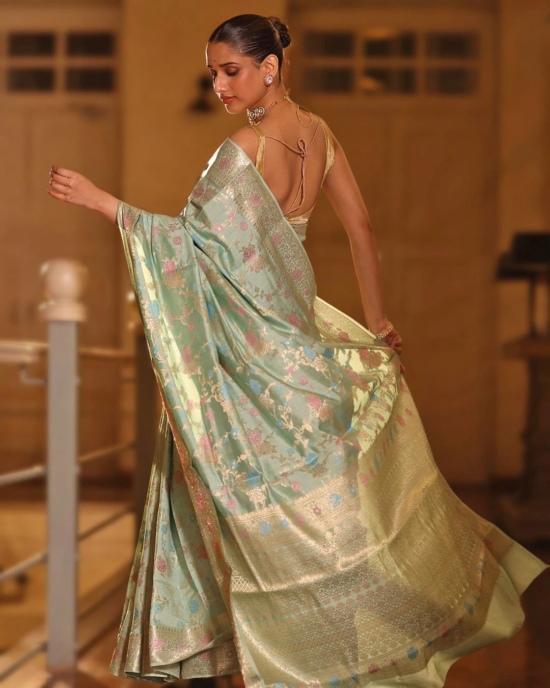 Sea Green Pure Banarasi Saree with Multicolor Floral Jaal Weaving