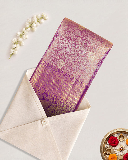 Deep Purple Pure Kanjivaram Saree with Floral Jaal and Brocade Border