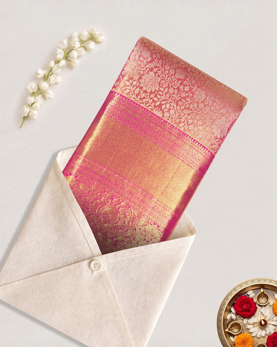 Magenta Pink Pure Kanjivaram Saree with Floral Weave and Paisley Border - katansi