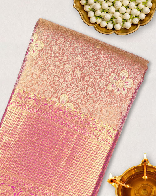 Pink Pure Kanjivaram Saree with Floral Jaal Weaves and Brocade Border - katansi