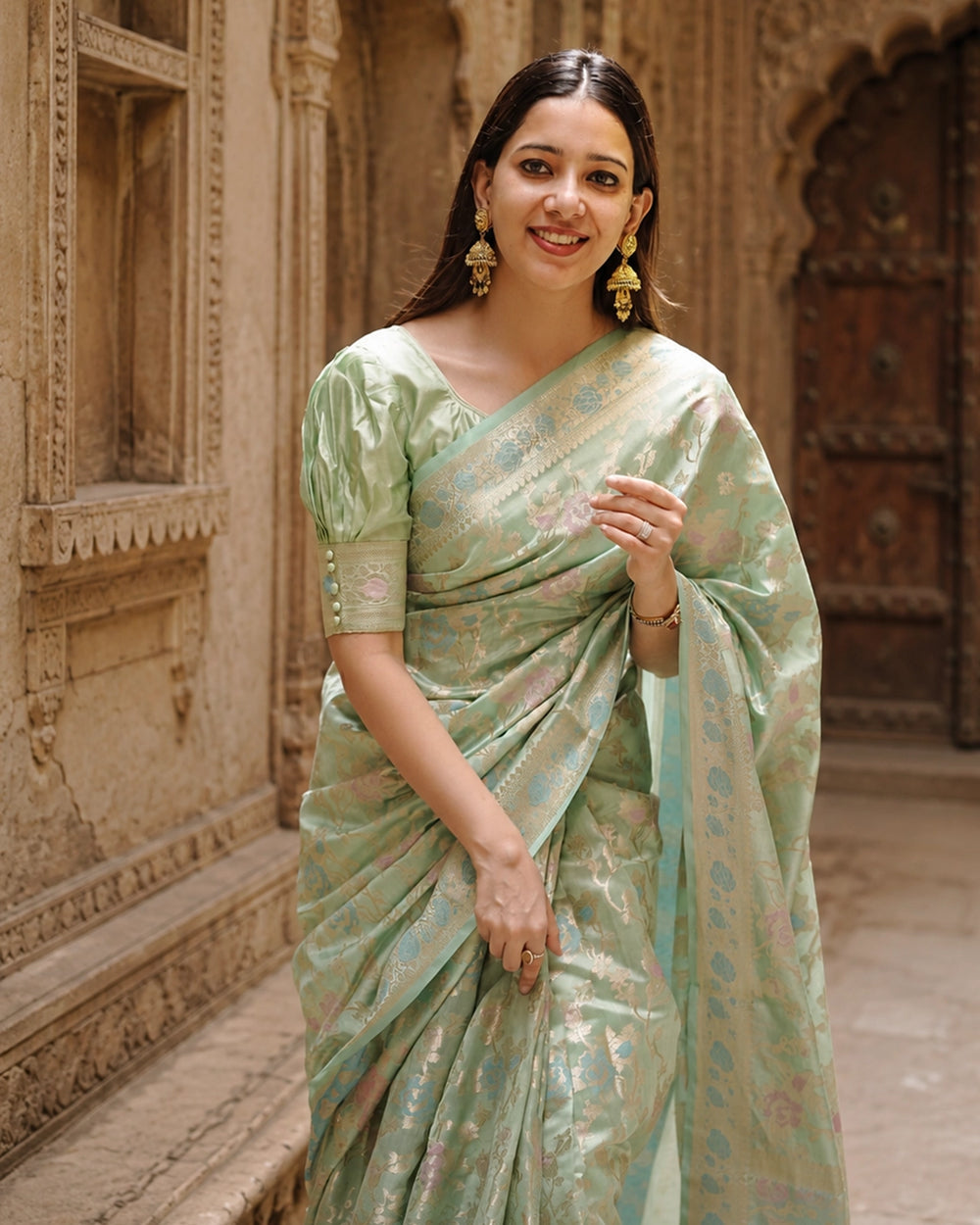 Light Green Pure Banarasi Saree with Multicolour Floral Meenakari Weaving