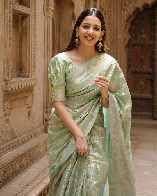 Light Green Pure Banarasi Saree with Multicolour Floral Meenakari Weaving