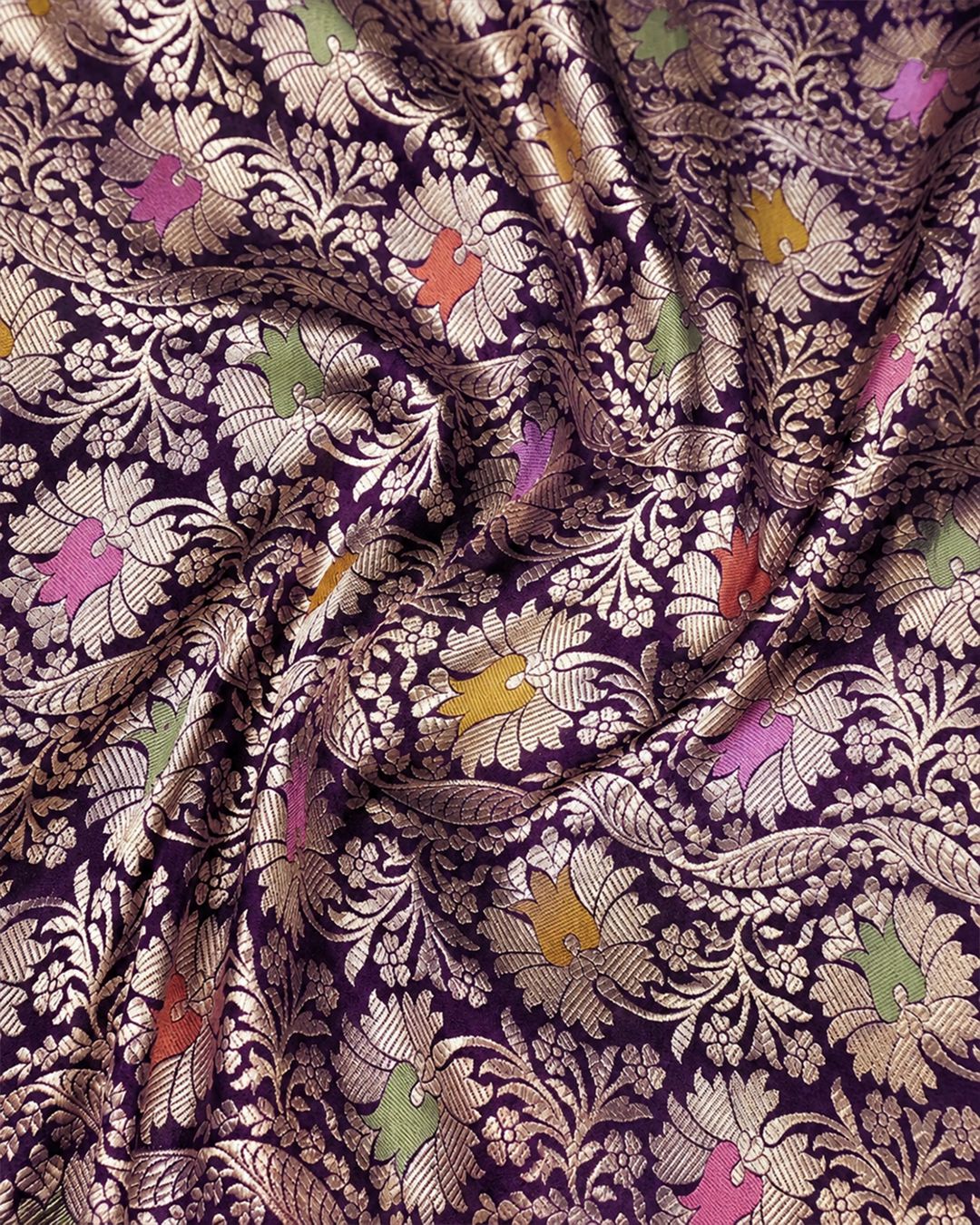 Purple Pure Katan Saree with Detailed Floral Meenakari Weave