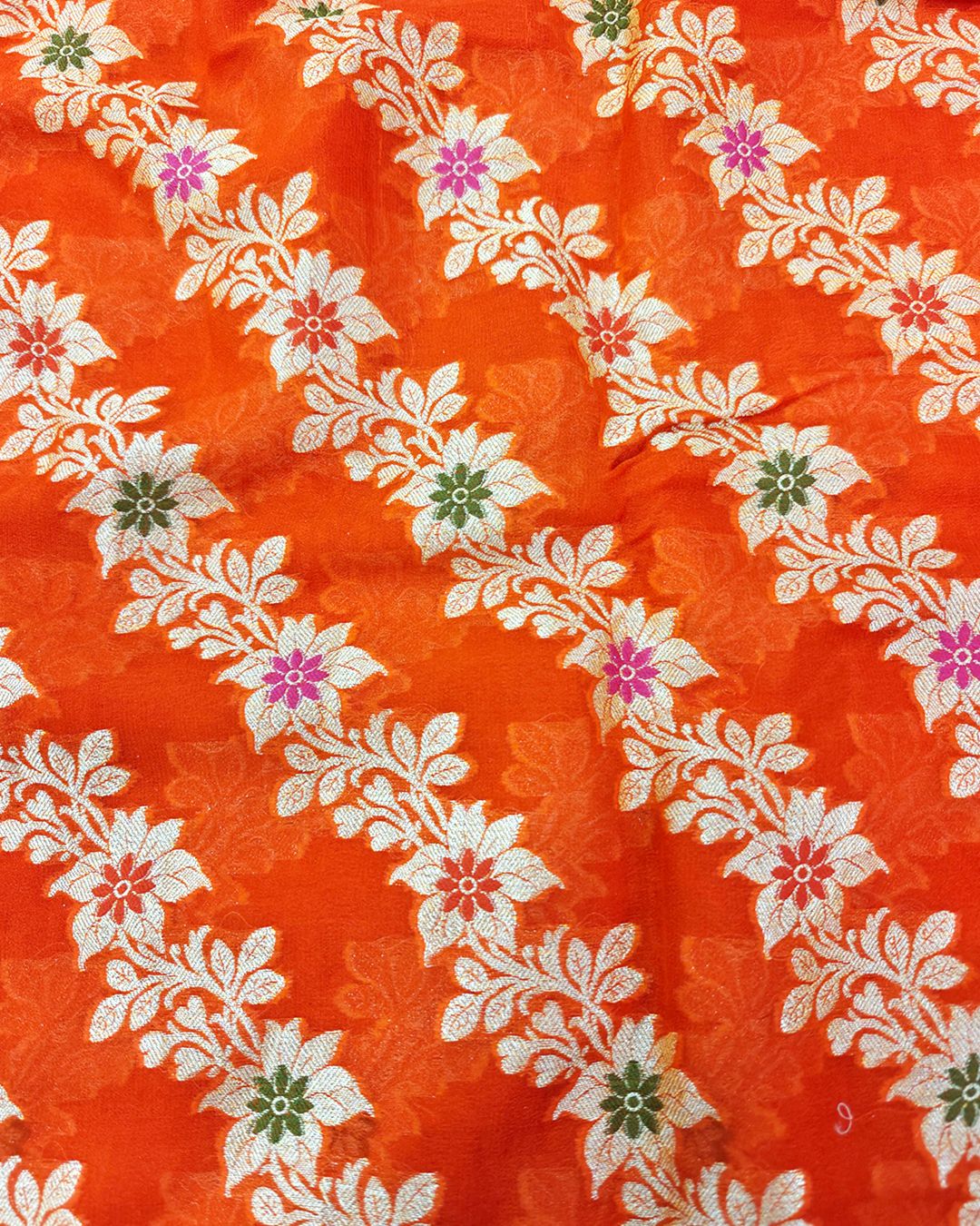 Orange Pure Chiffon Saree with Floral Meenakari Jaal Weaving