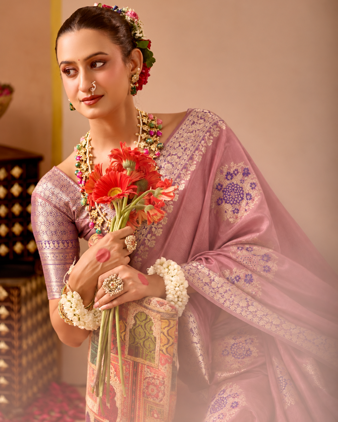 Dusty Rose Pure Banarasi Saree with Floral Meena Weaves
