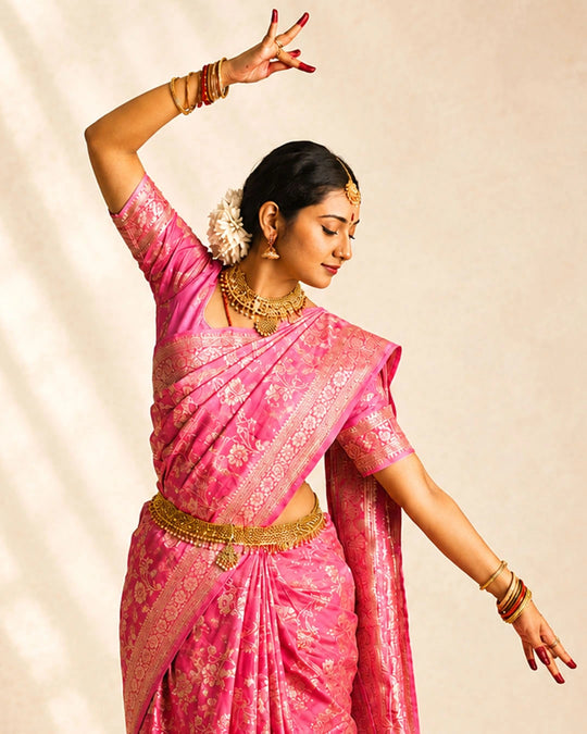 Pink Pure Banarasi Saree with Floral Meenakari Trail Weaves