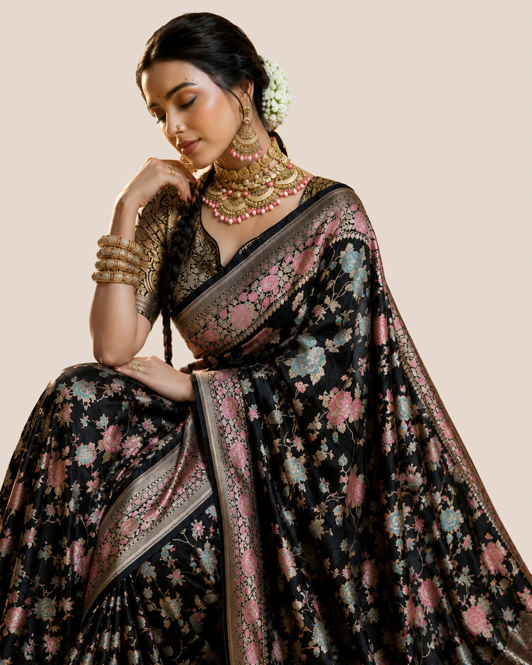 Black Pure Katan Saree with Legacy Meenakari Floral Craftsmanship