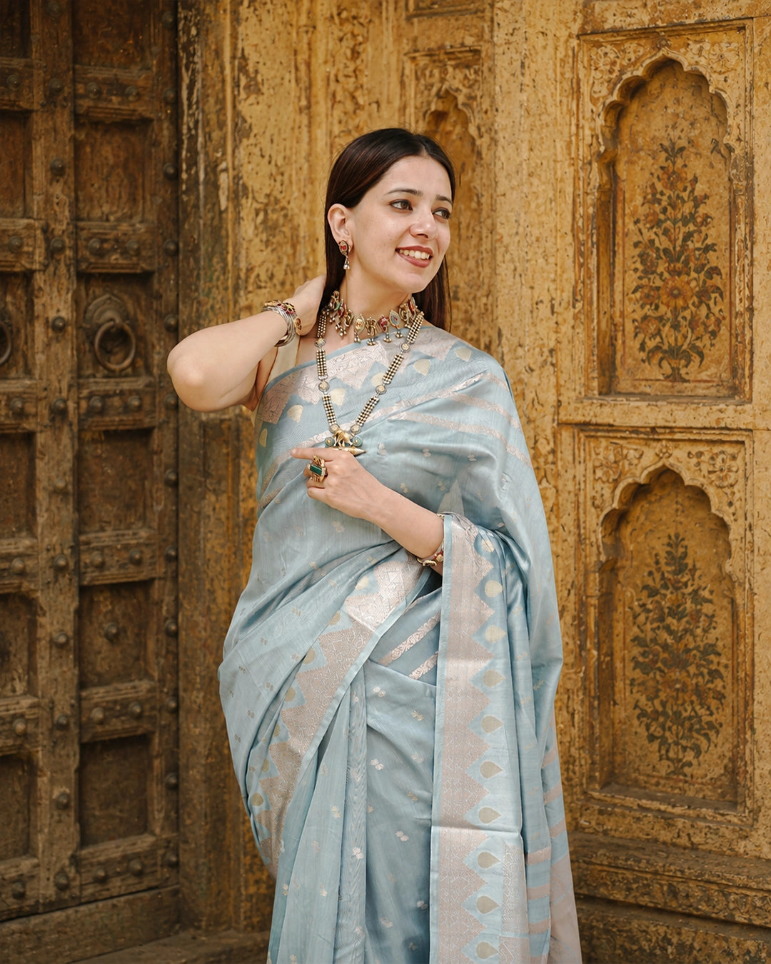 Greyish Ice Blue Pure Banarasi Saree with Delicate Zari Motifs Weaves