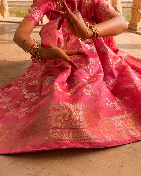 Pink Pure Banarasi Saree with Floral Meenakari Trail Weaves