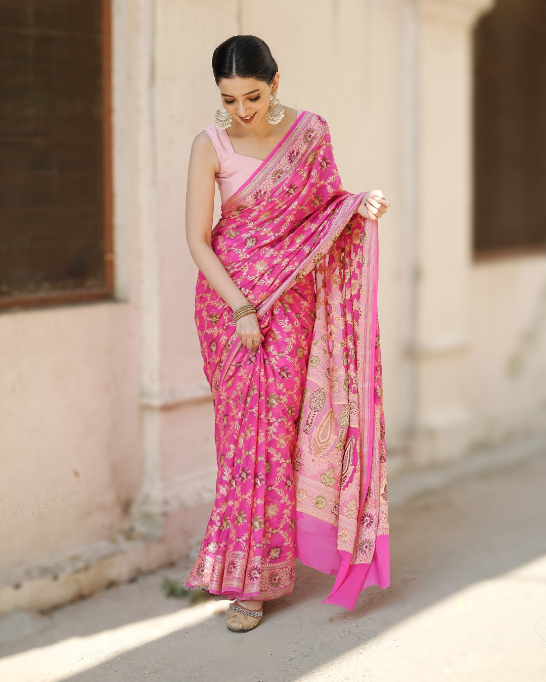 Eternal Pink Ocean Tones Pure Chiffon Saree with Opulent Floral Embellishments