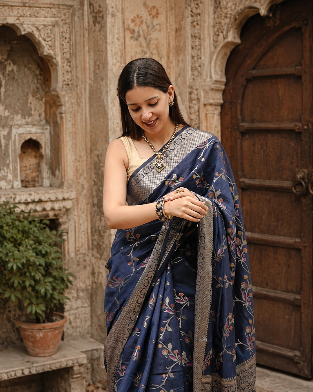Blue Pure Banarasi Saree with Floral Meenakari Zari Weaving