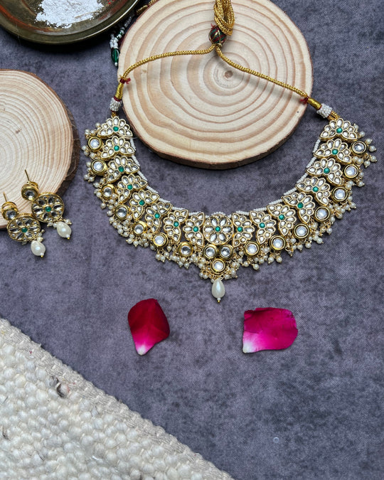 Gold Finish Kundan Polki Necklace Set