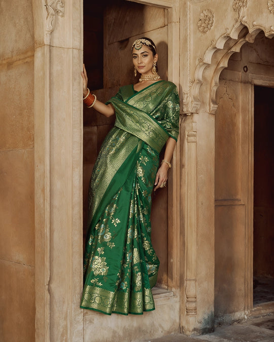 Green Pure Banarasi Saree with Pastel Floral Meenakari Weaving