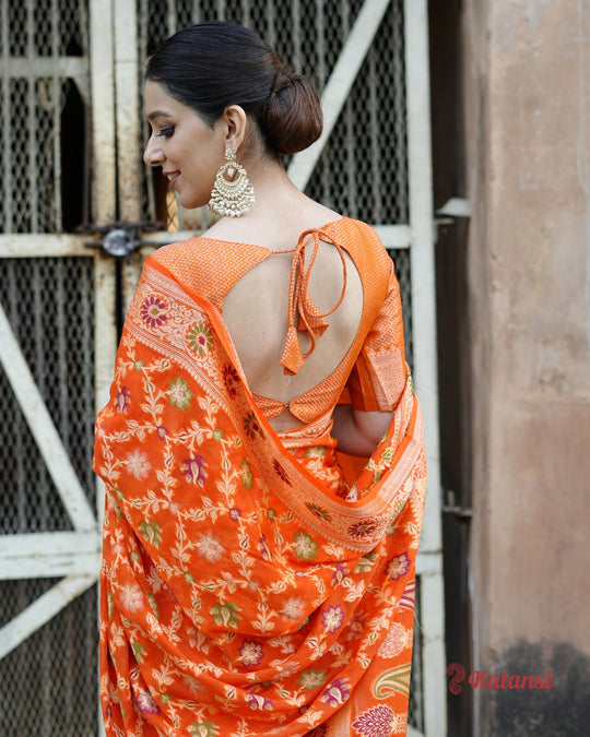 Glorious Orange Sunset Hues Pure Chiffon Saree with Luxurious Floral Weaves Patterns