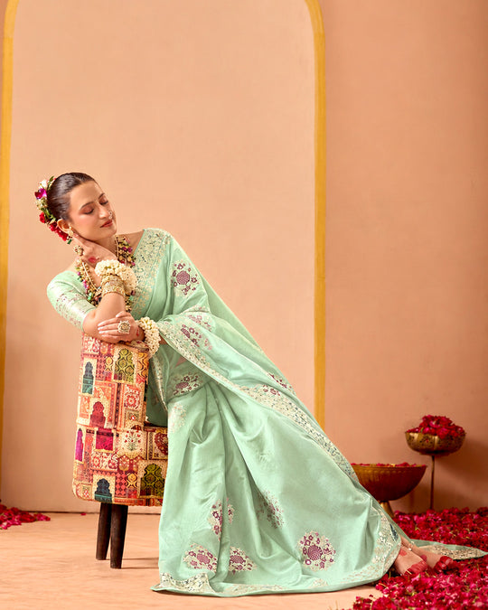 Celadon Pure Banarasi Silk Saree with Graceful Meenakari Floral Weaving