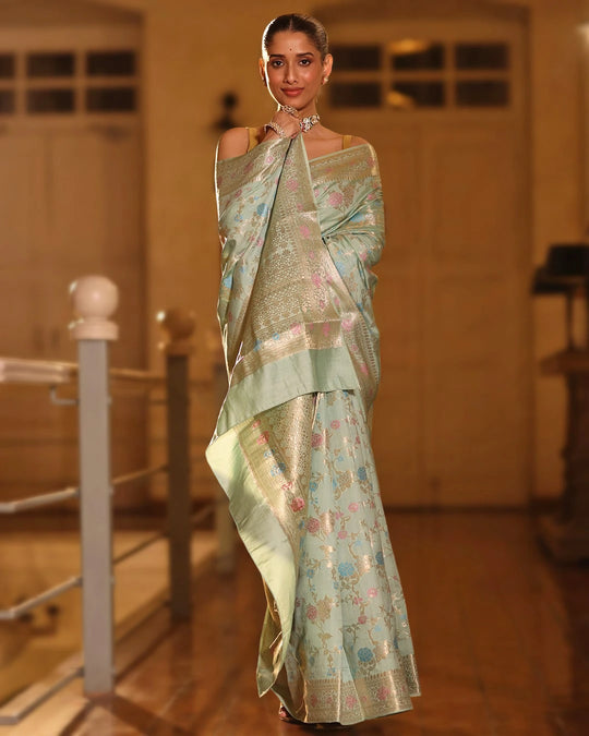 Sea Green Pure Banarasi Saree with Multicolor Floral Jaal Weaving