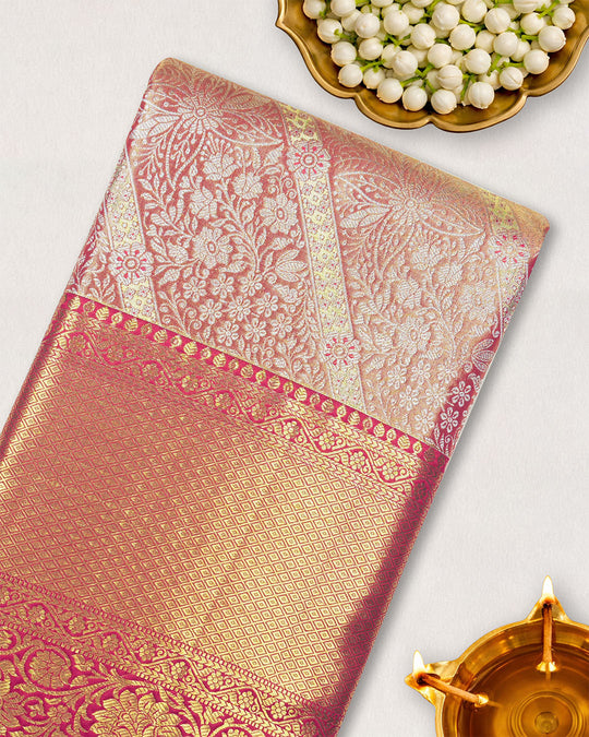 Rose Pink Pure Kanjivaram Saree with Diagonal Garden Motifs Weaves