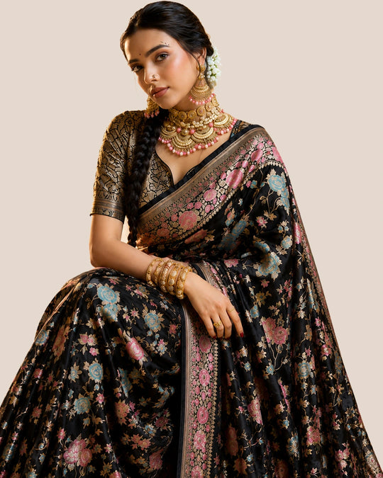 Black Pure Katan Saree with Legacy Meenakari Floral Craftsmanship