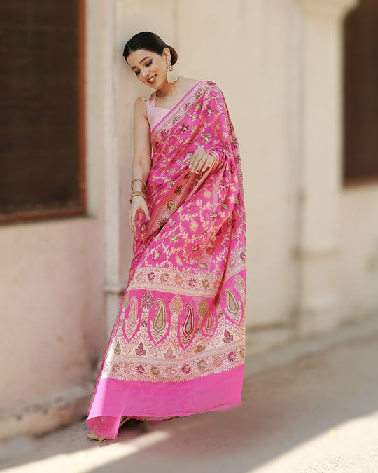 Eternal Pink Ocean Tones Pure Chiffon Saree with Opulent Floral Embellishments